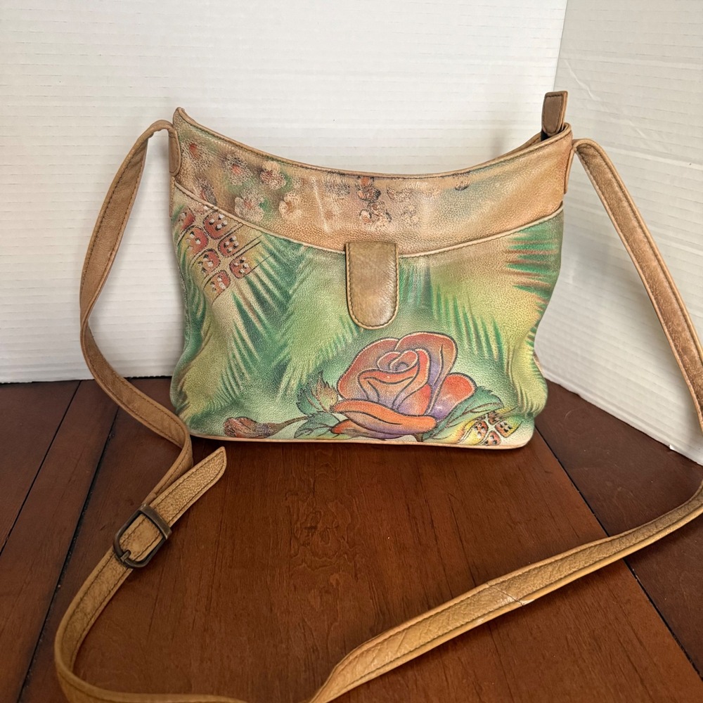 ANNA by ANUSCHKA Hand Painted Leather Shoulder Bag Rose Butterfly Floral